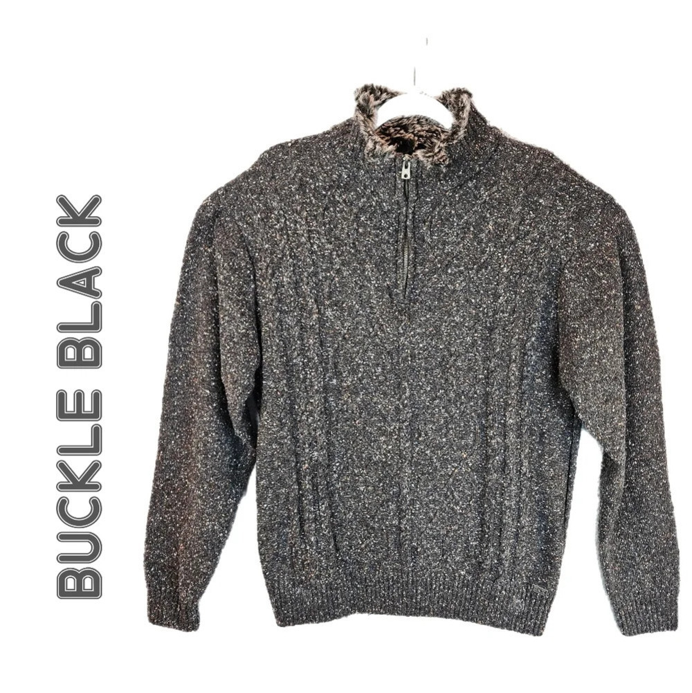 Buckle Black Mens Pull Over Faux Fur With Zip Textured Speckles Sweater Sz XL